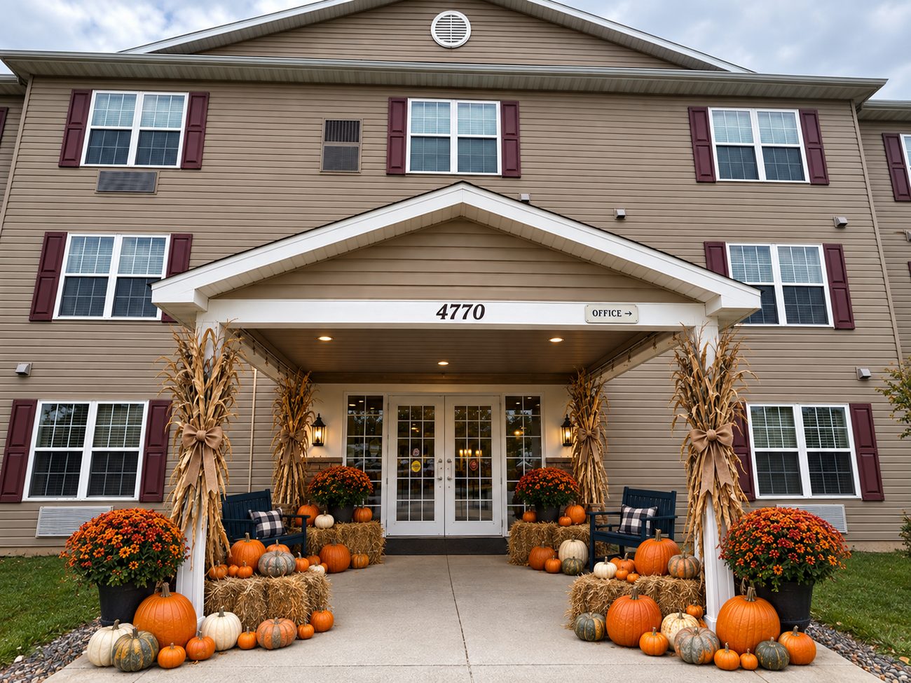 Commercial building entrance decorated with large jack-o'-lanterns, cornstalk bundles, hay bales, and mums flanking the front doors